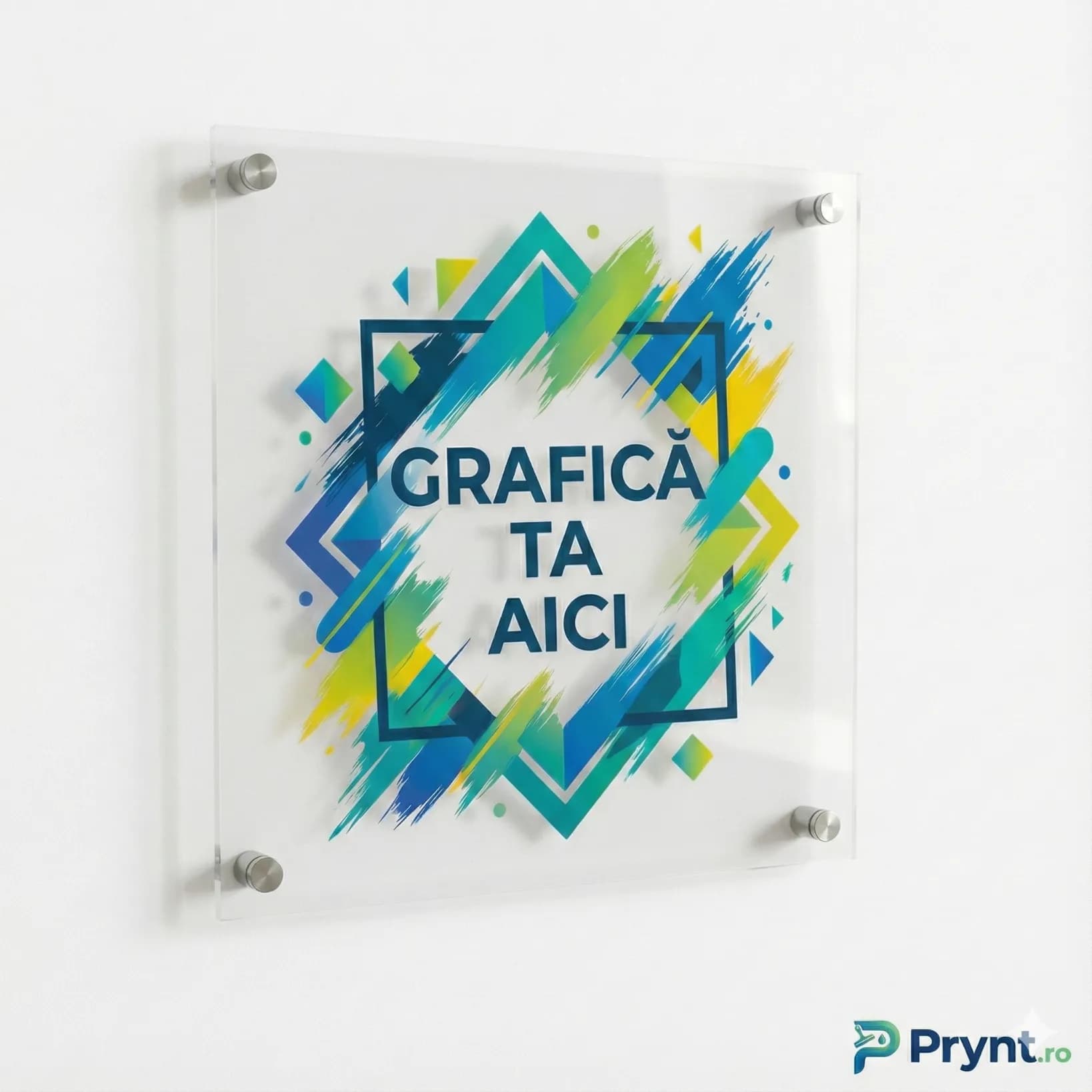 Plăcuță de sediu din plexiglas printată UV, montată pe distanțiere inox